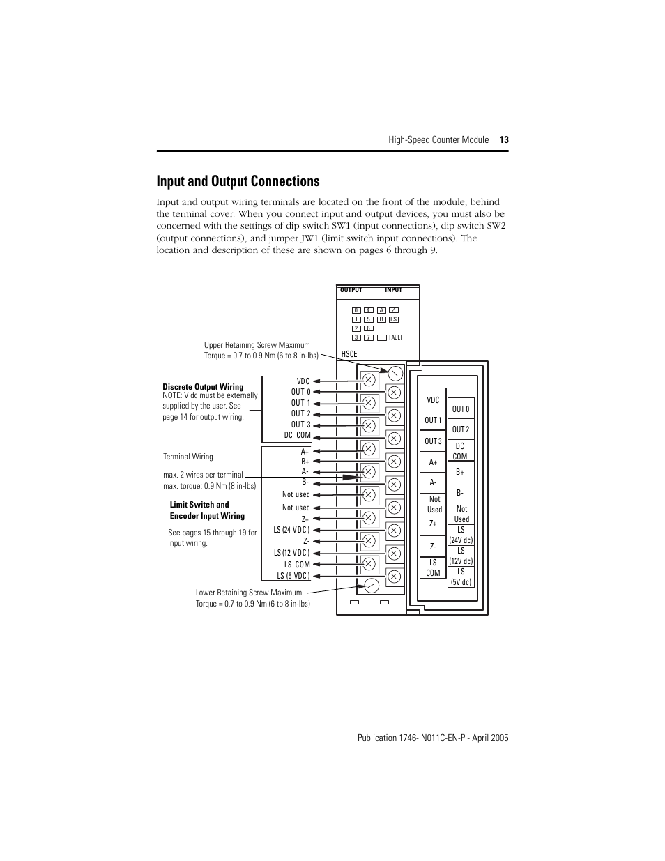 Input and output connections | Rockwell Automation 1746-HSCE High-Speed Counter Module Installation Instructions User Manual | Page 13 / 24