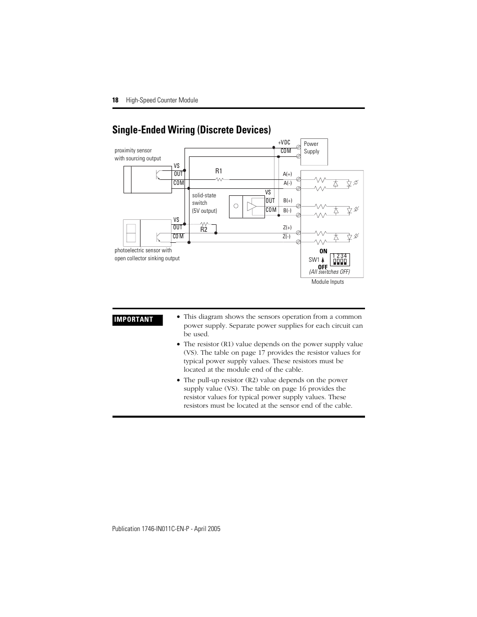 Single-ended wiring (discrete devices) | Rockwell Automation 1746-HSCE High-Speed Counter Module Installation Instructions User Manual | Page 18 / 24