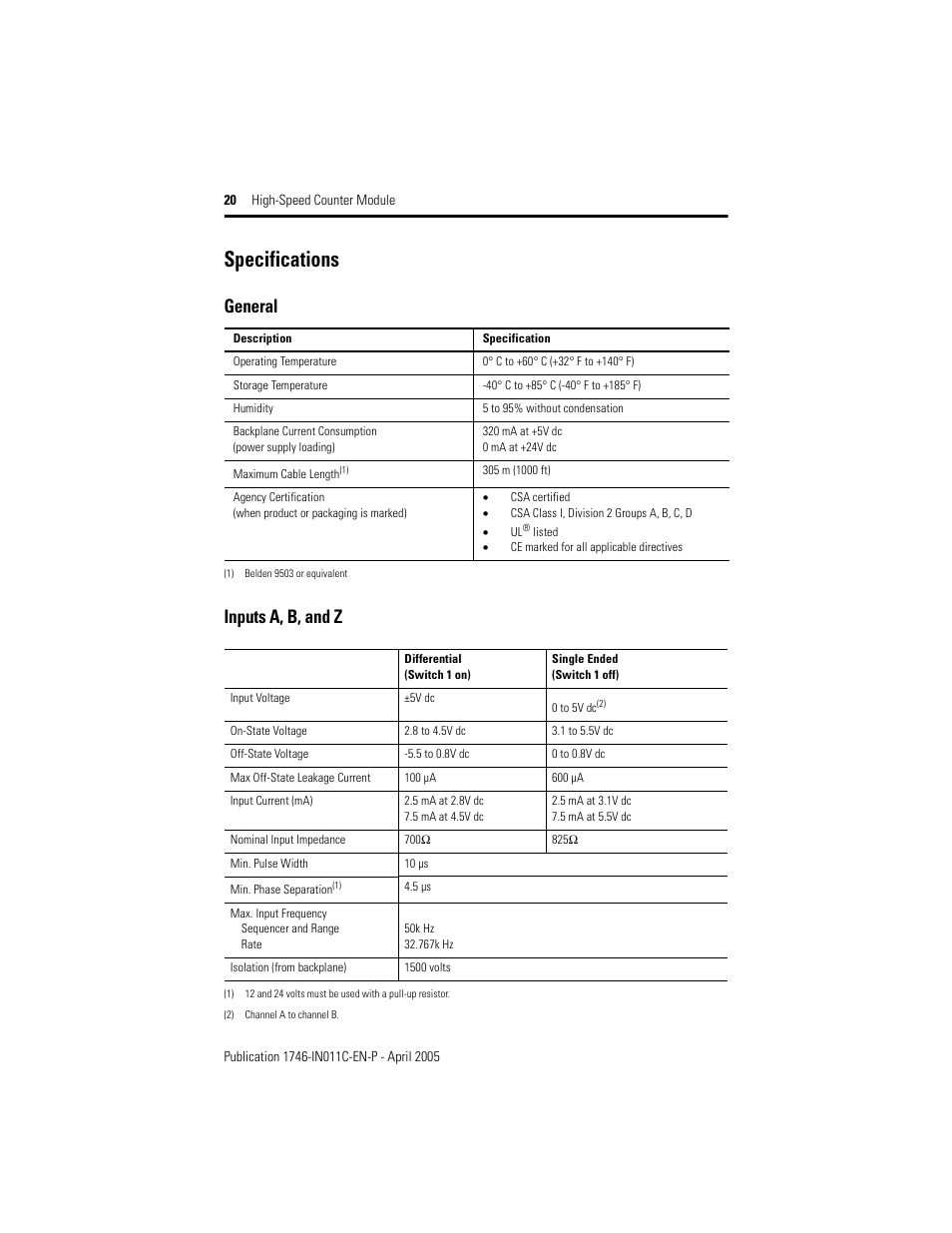 Specifications, General inputs a, b, and z | Rockwell Automation 1746-HSCE High-Speed Counter Module Installation Instructions User Manual | Page 20 / 24