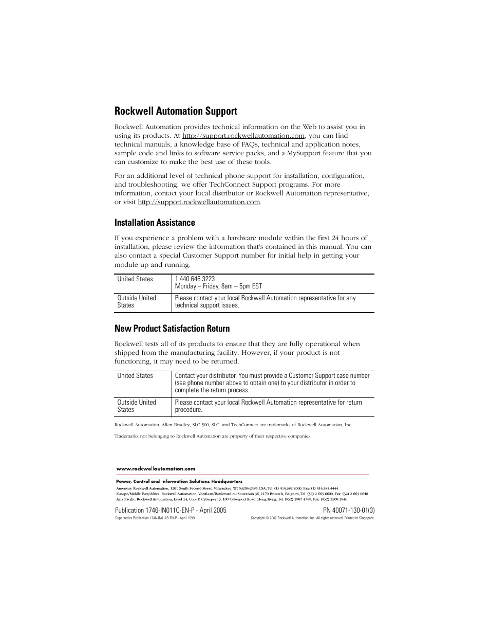 Back cover, Rockwell automation support, Installation assistance | New product satisfaction return | Rockwell Automation 1746-HSCE High-Speed Counter Module Installation Instructions User Manual | Page 24 / 24