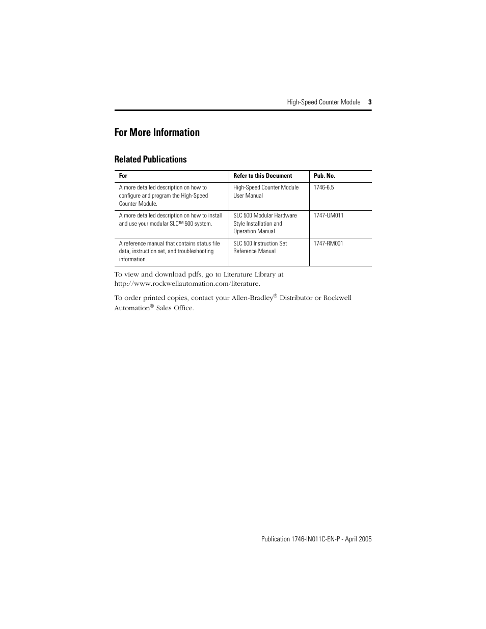 For more information, Related publications | Rockwell Automation 1746-HSCE High-Speed Counter Module Installation Instructions User Manual | Page 3 / 24