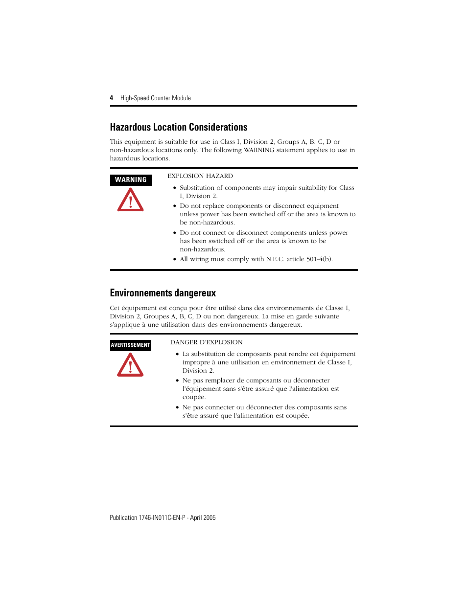 Hazardous location considerations, Environnements dangereux | Rockwell Automation 1746-HSCE High-Speed Counter Module Installation Instructions User Manual | Page 4 / 24