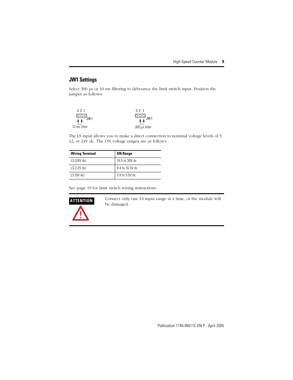 Jw1 settings | Rockwell Automation 1746-HSCE High-Speed Counter Module Installation Instructions User Manual | Page 9 / 24