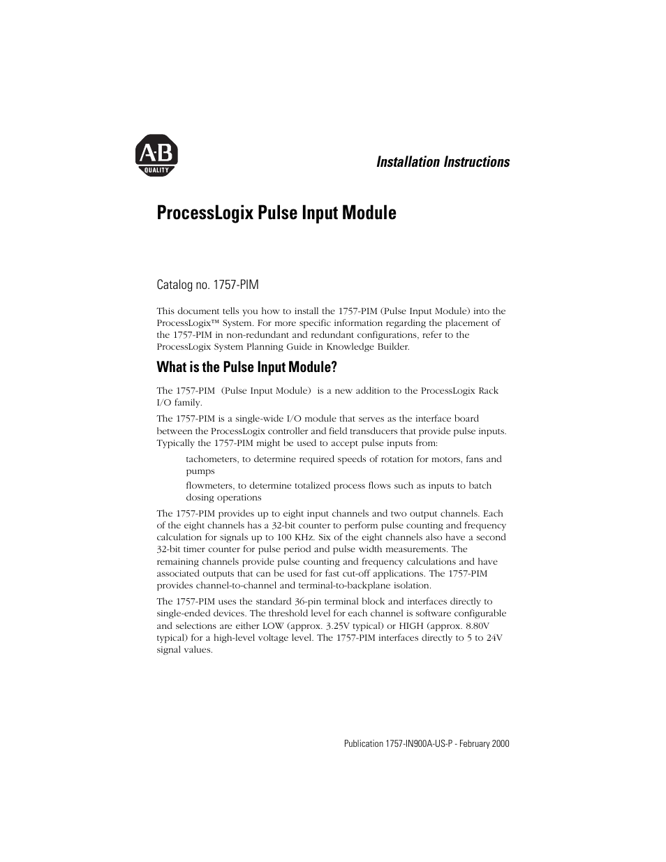 Rockwell Automation 1757-PIM ProcessLogix Pulse Input Module Installation User Manual | 16 pages
