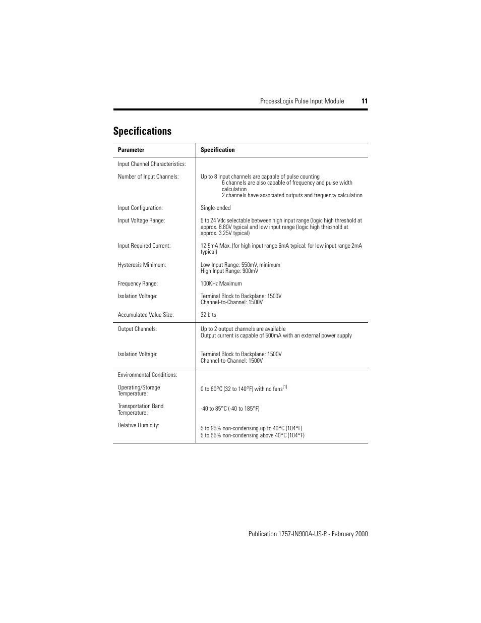 Specifications | Rockwell Automation 1757-PIM ProcessLogix Pulse Input Module Installation User Manual | Page 11 / 16