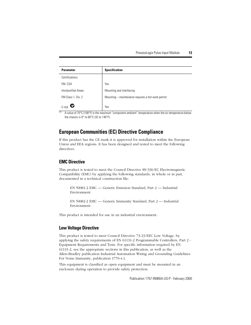 European communities (ec) directive compliance, Emc directive, Low voltage directive | Rockwell Automation 1757-PIM ProcessLogix Pulse Input Module Installation User Manual | Page 13 / 16