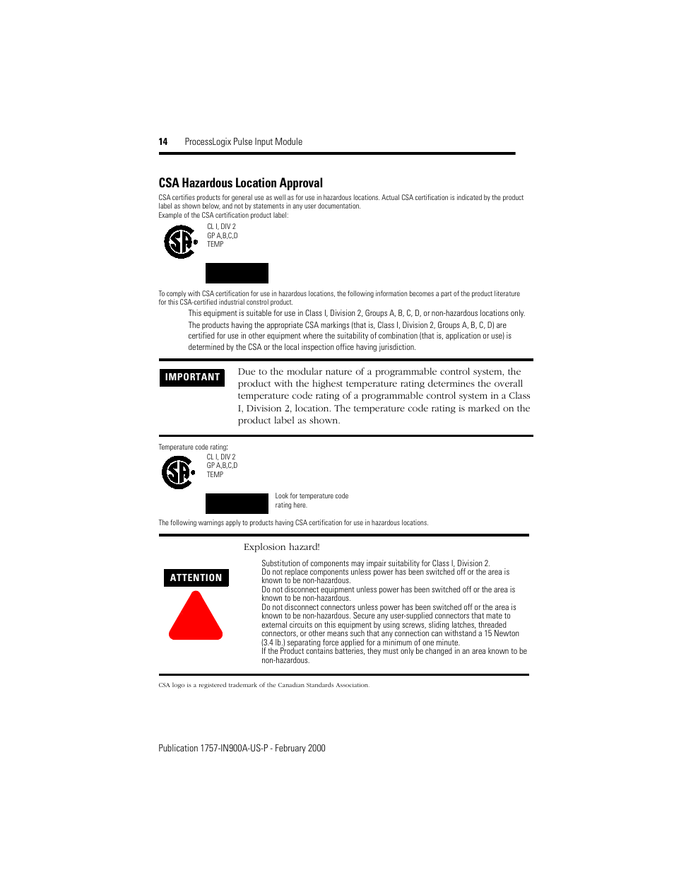 Csa hazardous location approval | Rockwell Automation 1757-PIM ProcessLogix Pulse Input Module Installation User Manual | Page 14 / 16