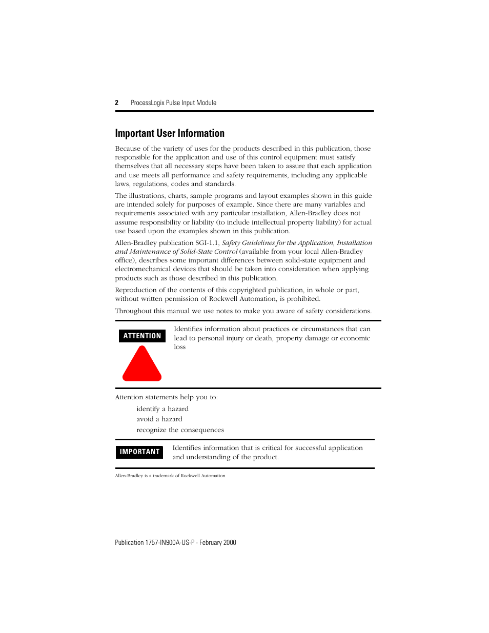 Important user information | Rockwell Automation 1757-PIM ProcessLogix Pulse Input Module Installation User Manual | Page 2 / 16