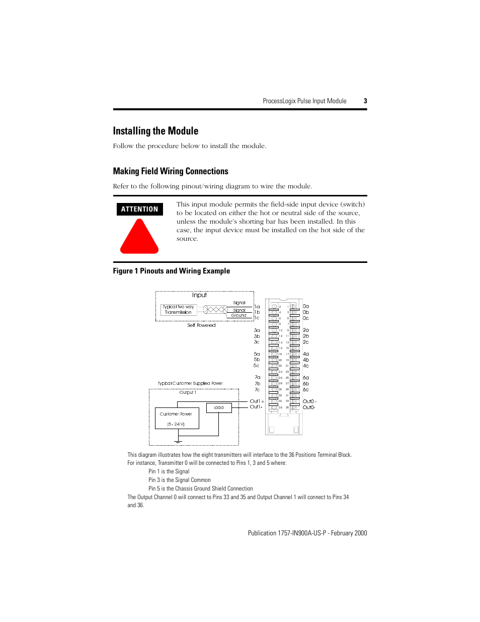 Installing the module, Making field wiring connections, Figure 1 pinouts and wiring example | Follow the procedure below to install the module, Attention | Rockwell Automation 1757-PIM ProcessLogix Pulse Input Module Installation User Manual | Page 3 / 16