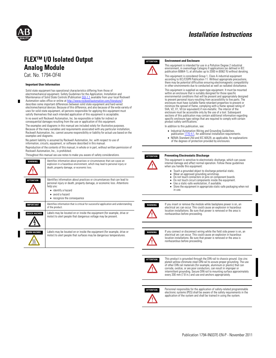 Rockwell Automation 1794-OF4I FLEX I/O Isolated Analog Output Module Installation User Manual | 5 pages