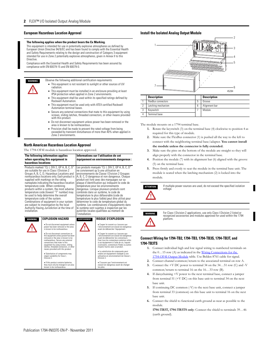 European hazardous location approval, North american hazardous location approval, Install the isolated analog output module | Rockwell Automation 1794-OF4I FLEX I/O Isolated Analog Output Module Installation User Manual | Page 2 / 5