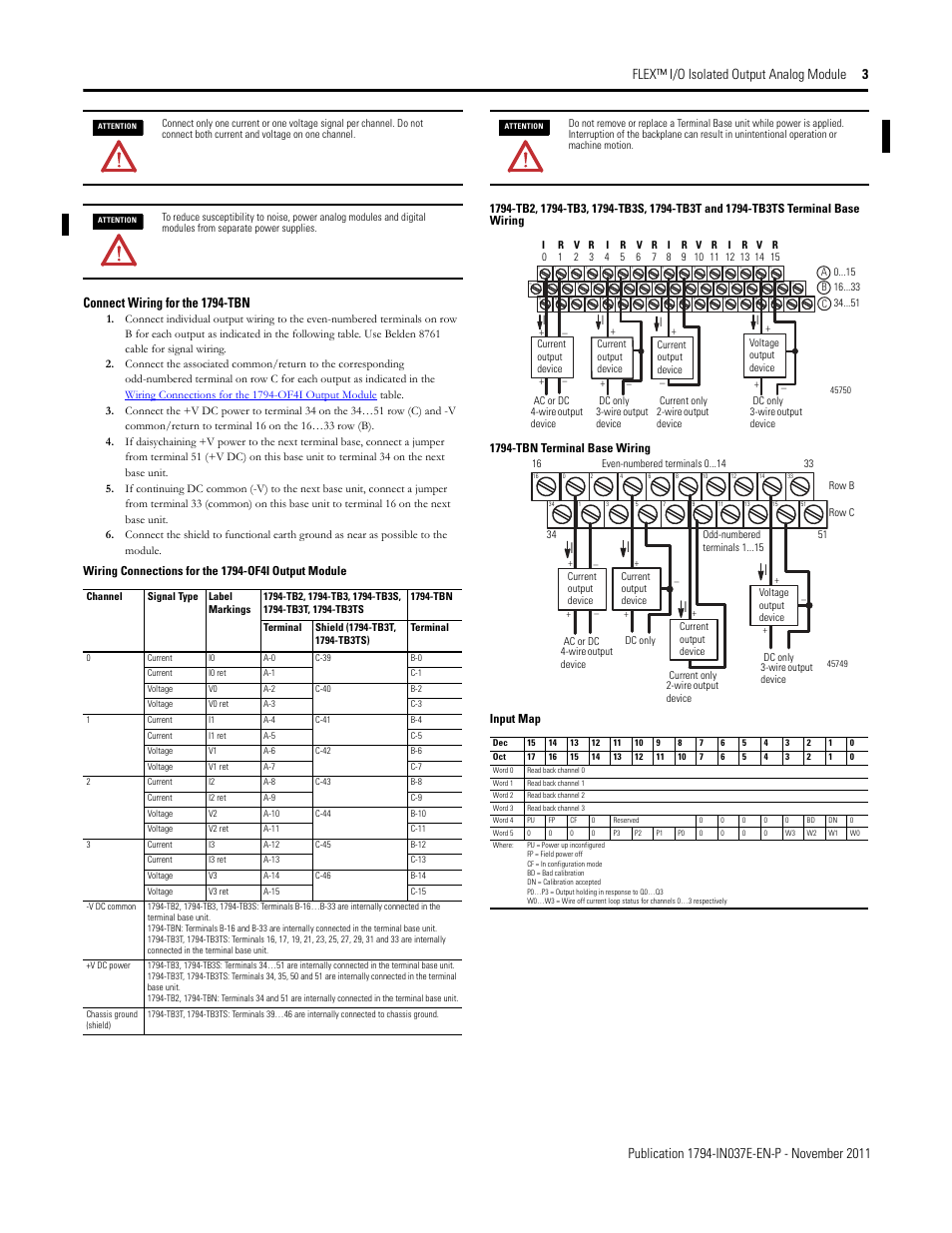 Connect wiring for the 1794-tbn, Input map | Rockwell Automation 1794-OF4I FLEX I/O Isolated Analog Output Module Installation User Manual | Page 3 / 5