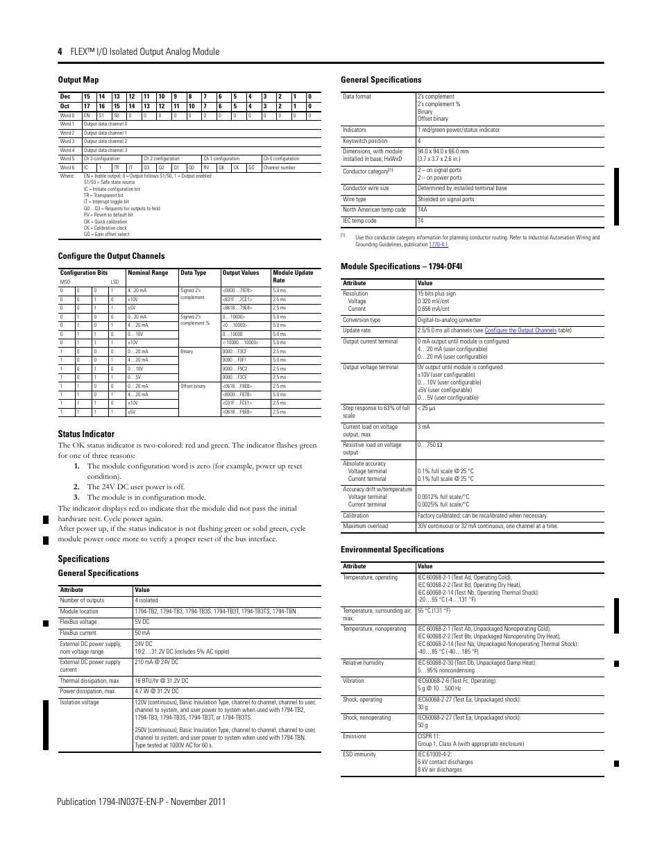 Status indicator, Specifications, Output map | Configure the output channels, General specifications, Environmental specifications | Rockwell Automation 1794-OF4I FLEX I/O Isolated Analog Output Module Installation User Manual | Page 4 / 5