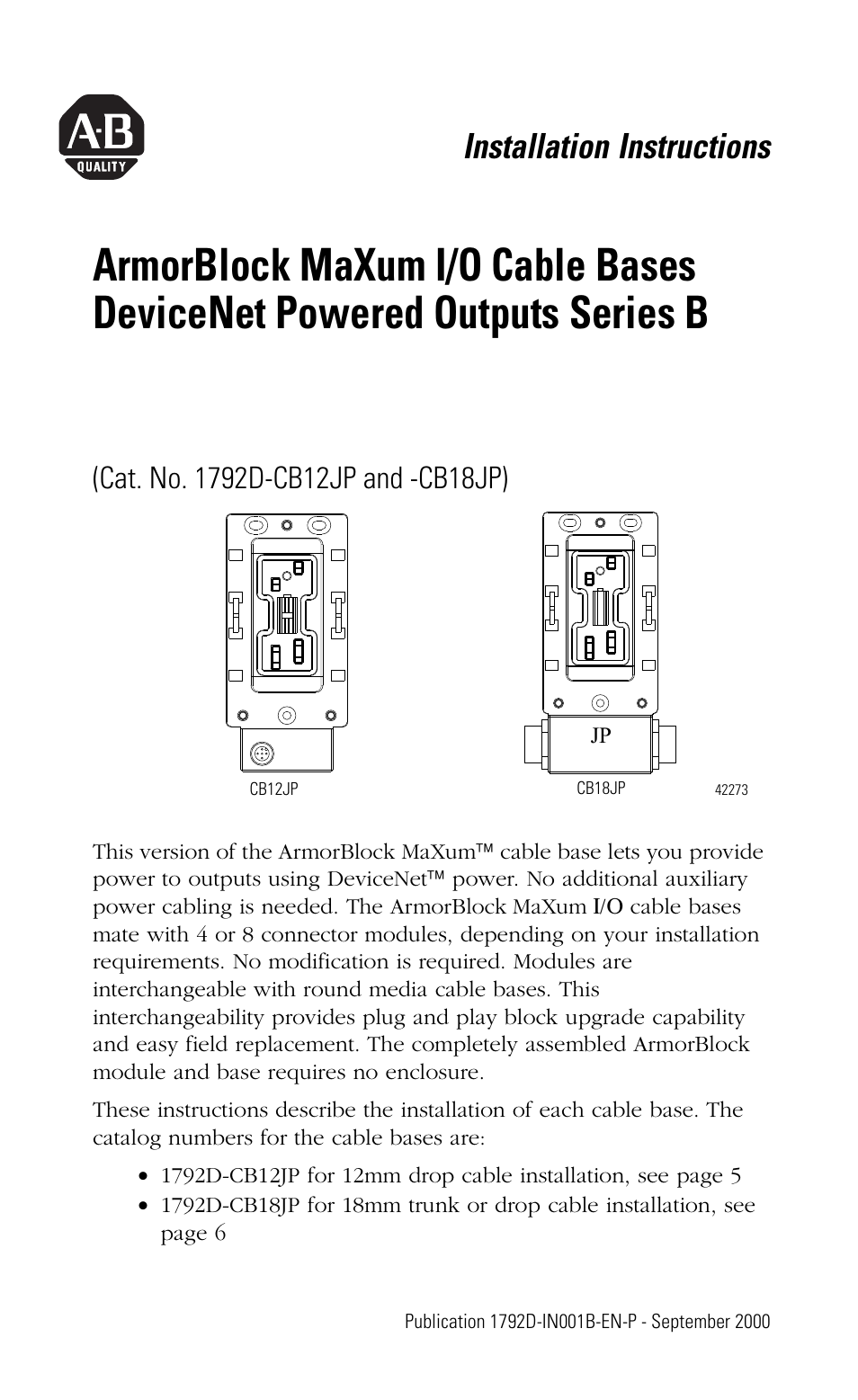 Rockwell Automation 1792D-CB18JP ArmorBlock MaXum I/O Cable Bases DeviceNet Powered Outputs Series B User Manual | 16 pages