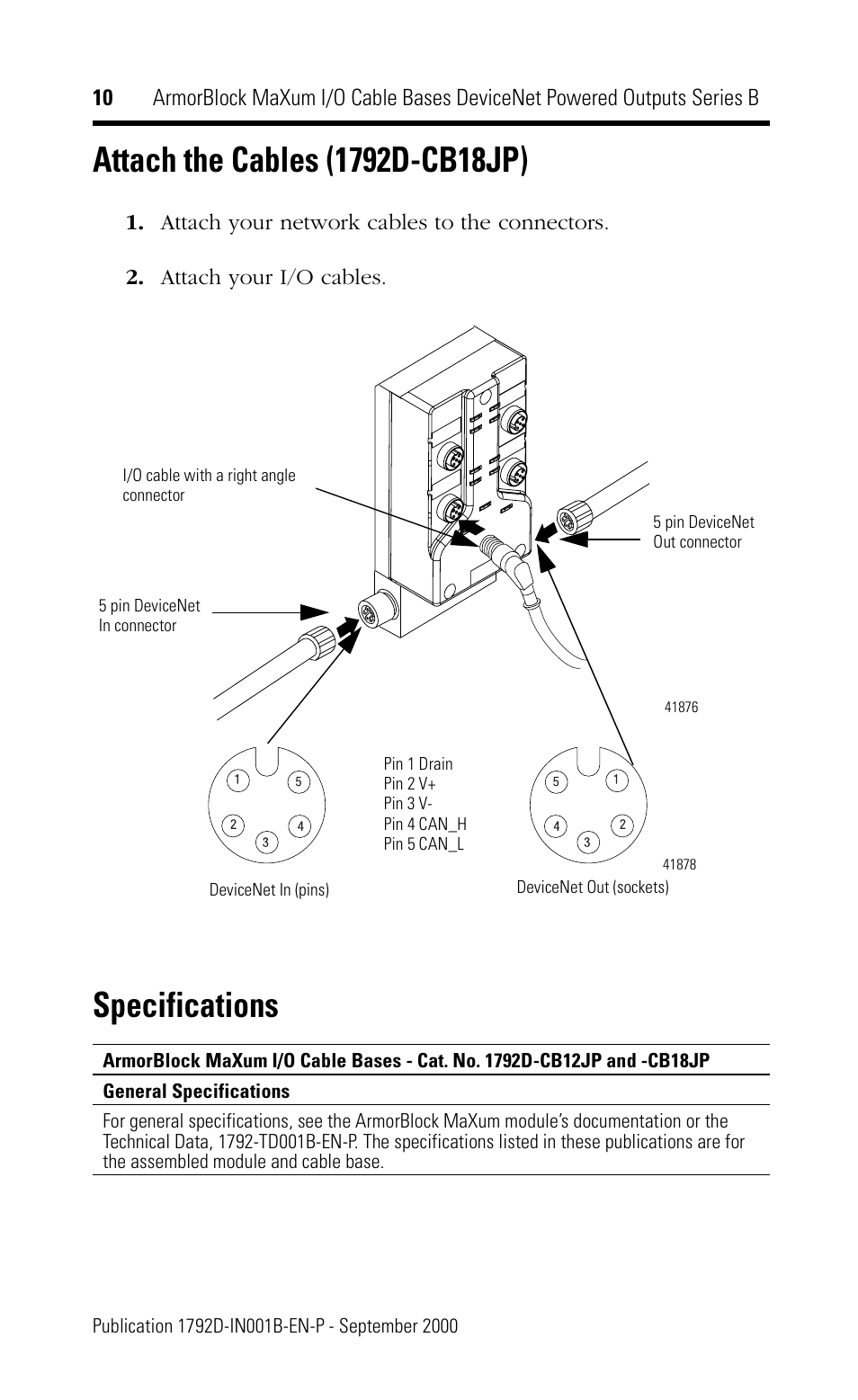 Specifications | Rockwell Automation 1792D-CB18JP ArmorBlock MaXum I/O Cable Bases DeviceNet Powered Outputs Series B User Manual | Page 10 / 16