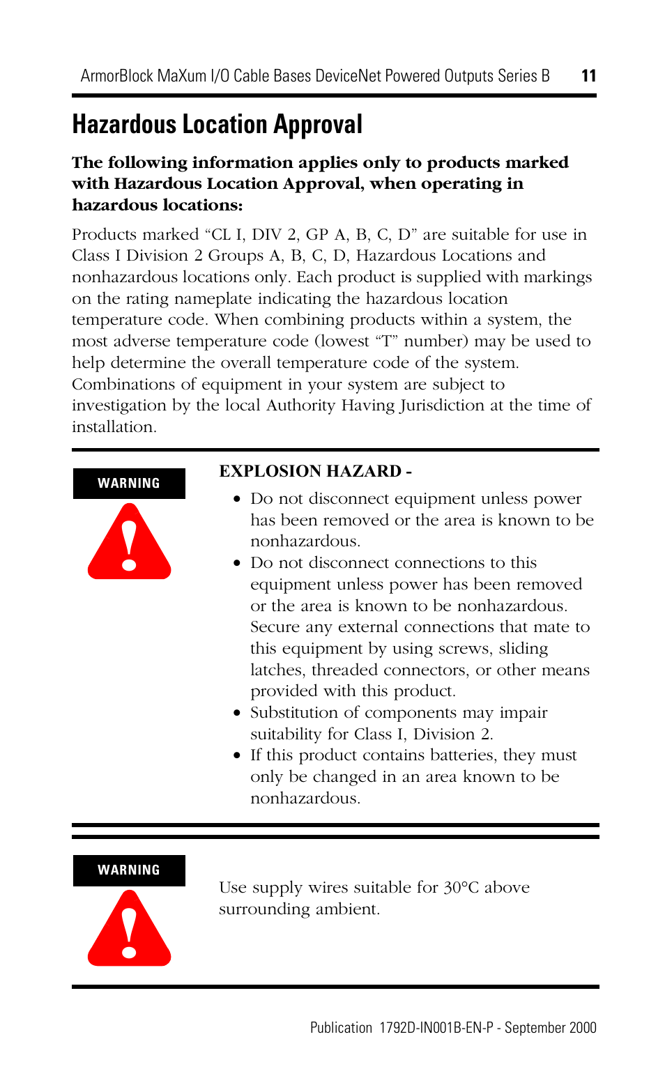 Hazardous location approval | Rockwell Automation 1792D-CB18JP ArmorBlock MaXum I/O Cable Bases DeviceNet Powered Outputs Series B User Manual | Page 11 / 16