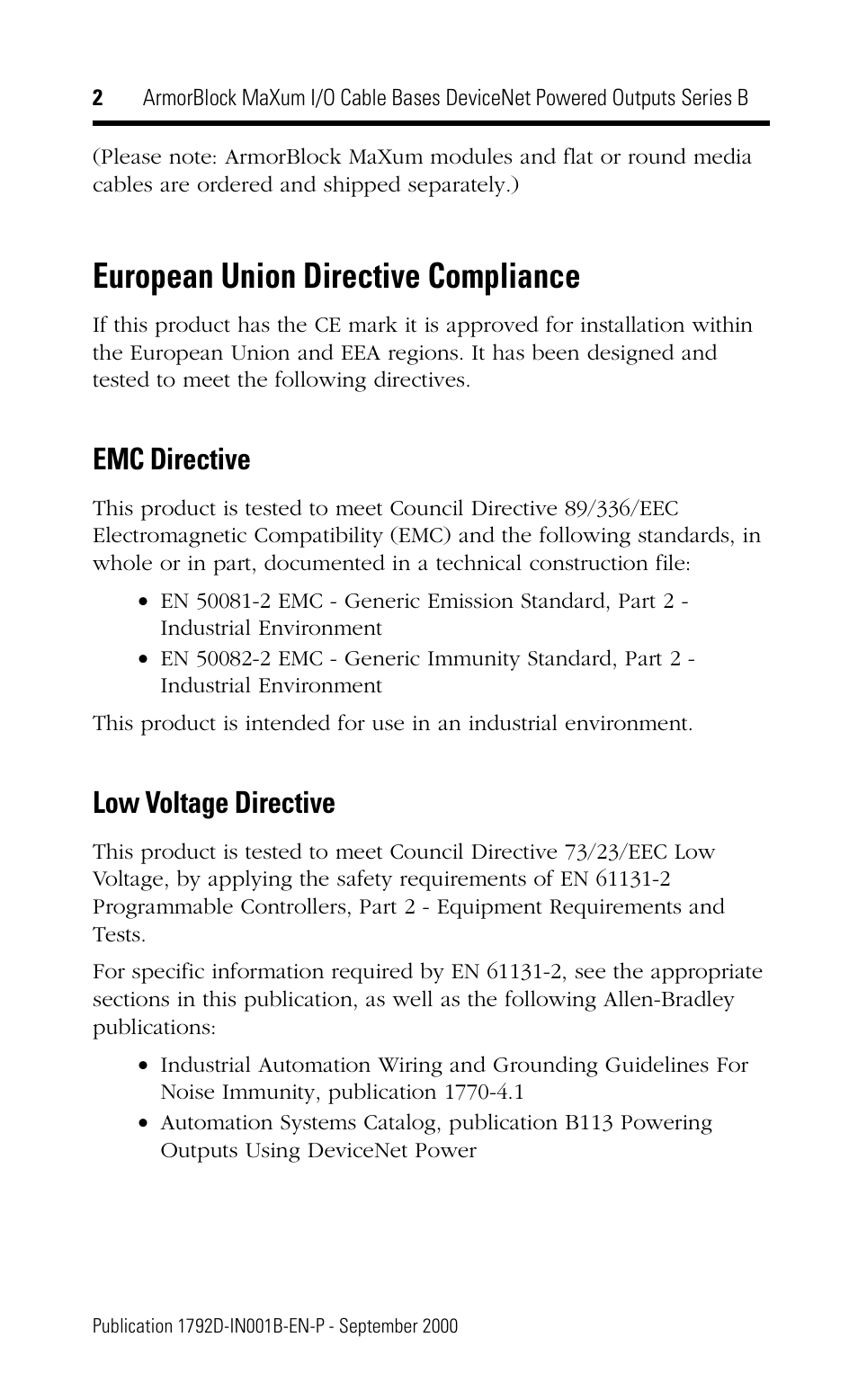 European union directive compliance, Emc directive, Low voltage directive | Rockwell Automation 1792D-CB18JP ArmorBlock MaXum I/O Cable Bases DeviceNet Powered Outputs Series B User Manual | Page 2 / 16