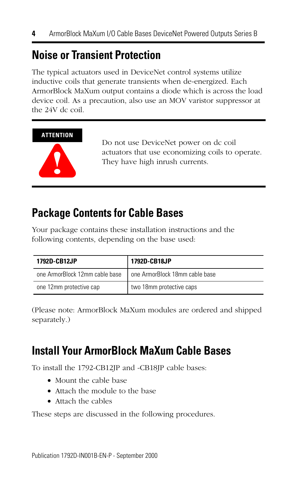 Noise or transient protection, Package contents for cable bases, Install your armorblock maxum cable bases | Rockwell Automation 1792D-CB18JP ArmorBlock MaXum I/O Cable Bases DeviceNet Powered Outputs Series B User Manual | Page 4 / 16
