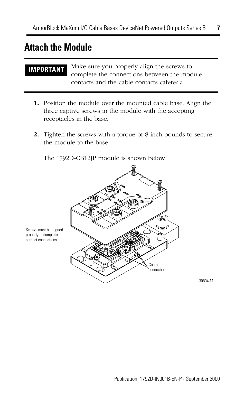 Attach the module | Rockwell Automation 1792D-CB18JP ArmorBlock MaXum I/O Cable Bases DeviceNet Powered Outputs Series B User Manual | Page 7 / 16