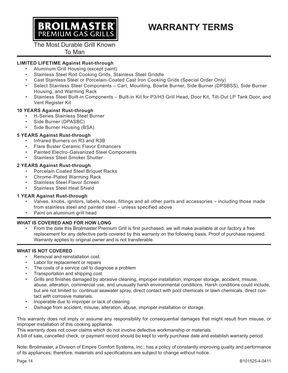 Warranty terms, The most durable grill known to man | Broilmaster P3XN-1 User Manual | Page 14 / 52