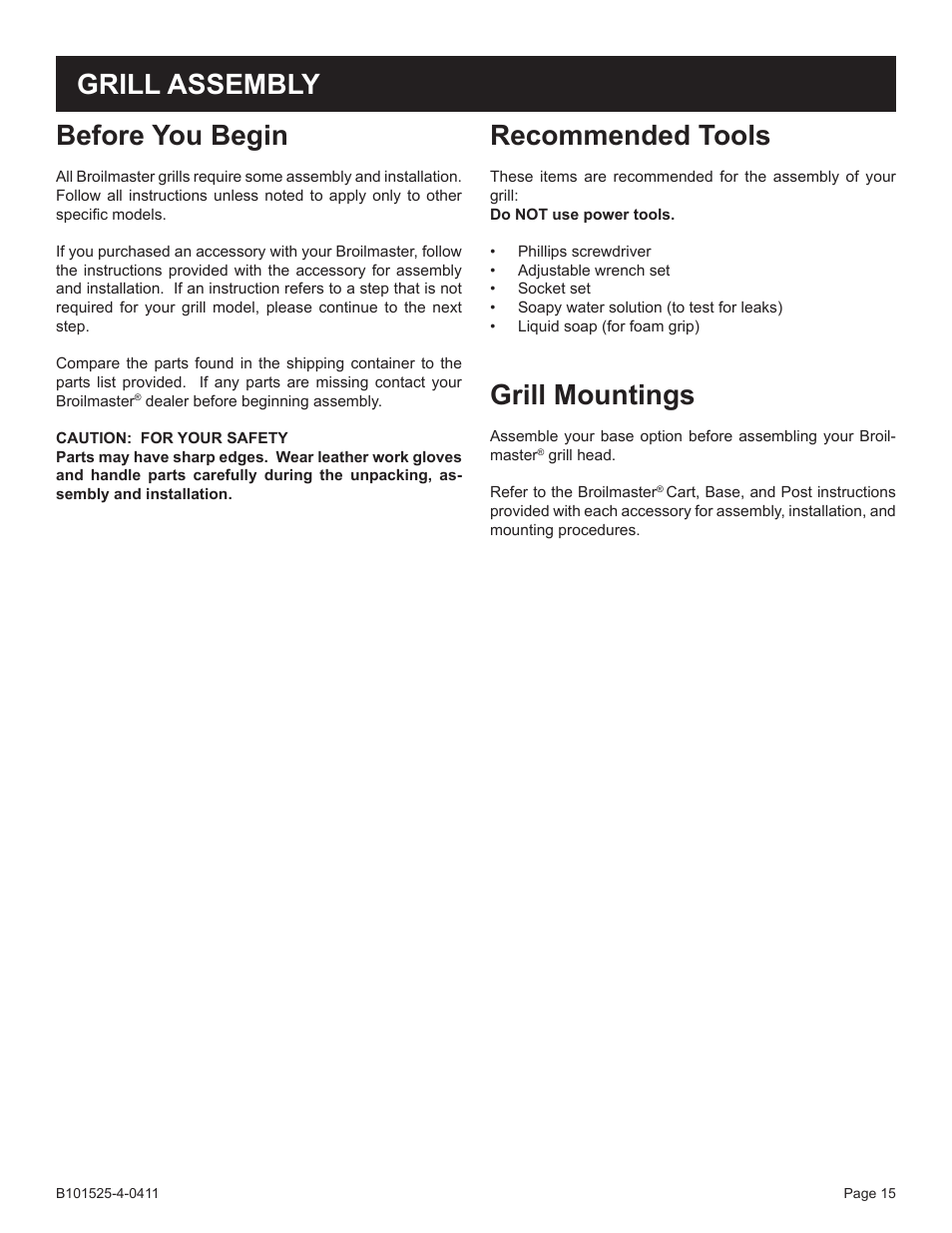 Before you begin, Recommended tools, Grill mountings | Grill assembly | Broilmaster P3XN-1 User Manual | Page 15 / 52