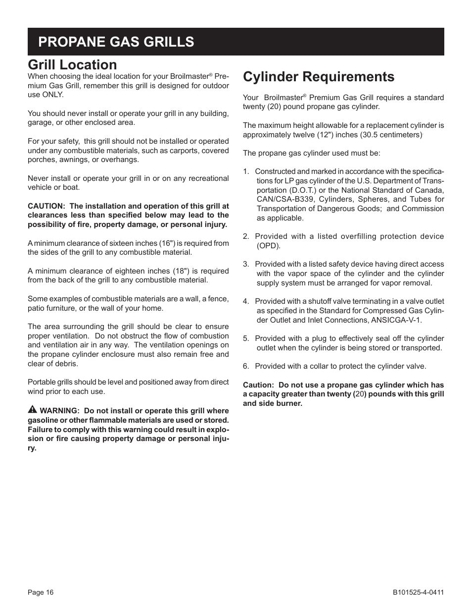Grill location, Cylinder requirements, Propane gas grills | Broilmaster P3XN-1 User Manual | Page 16 / 52