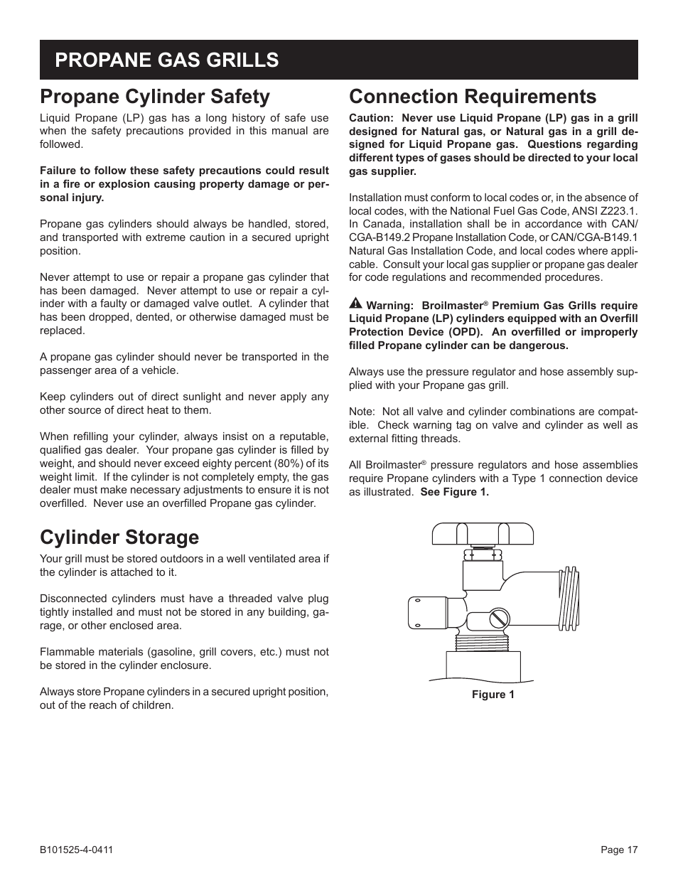 Propane cylinder safety, Cylinder storage, Propane gas grills connection requirements | Broilmaster P3XN-1 User Manual | Page 17 / 52