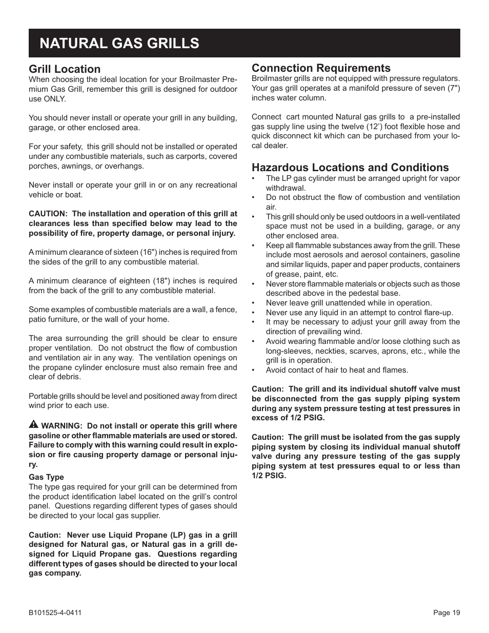 Natural gas grills, Connection requirements, Hazardous locations and conditions | Grill location | Broilmaster P3XN-1 User Manual | Page 19 / 52