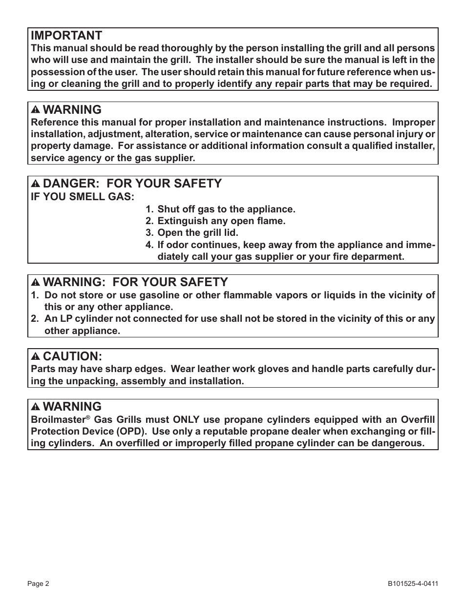 Important, Warning, Danger: for your safety | Warning: for your safety, Caution | Broilmaster P3XN-1 User Manual | Page 2 / 52