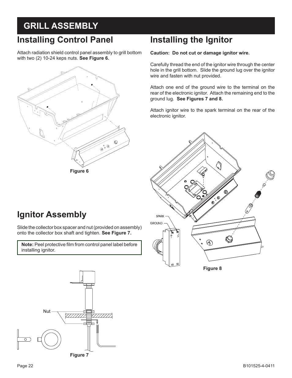 Installing the ignitor, Installing control panel, Grill assembly | Ignitor assembly | Broilmaster P3XN-1 User Manual | Page 22 / 52