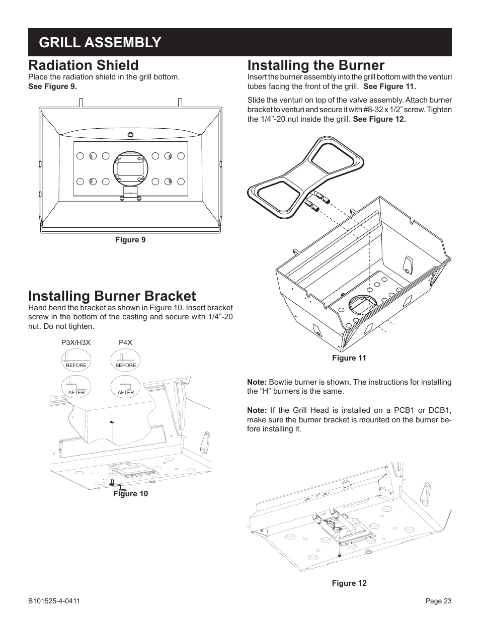 Radiation shield, Installing the burner, Grill assembly installing burner bracket | Broilmaster P3XN-1 User Manual | Page 23 / 52
