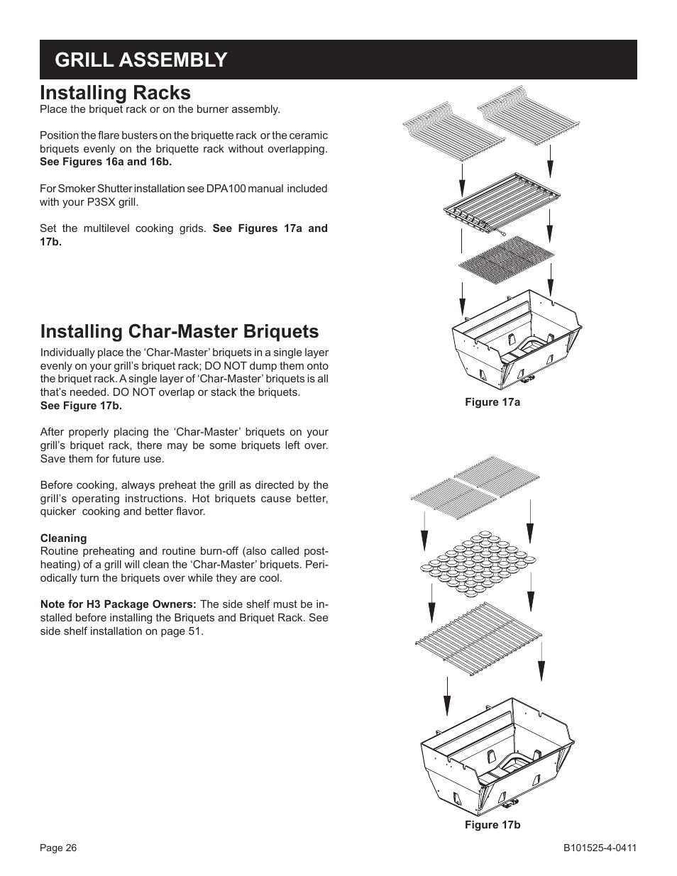 Installing racks, Grill assembly, Installing char-master briquets | Broilmaster P3XN-1 User Manual | Page 26 / 52