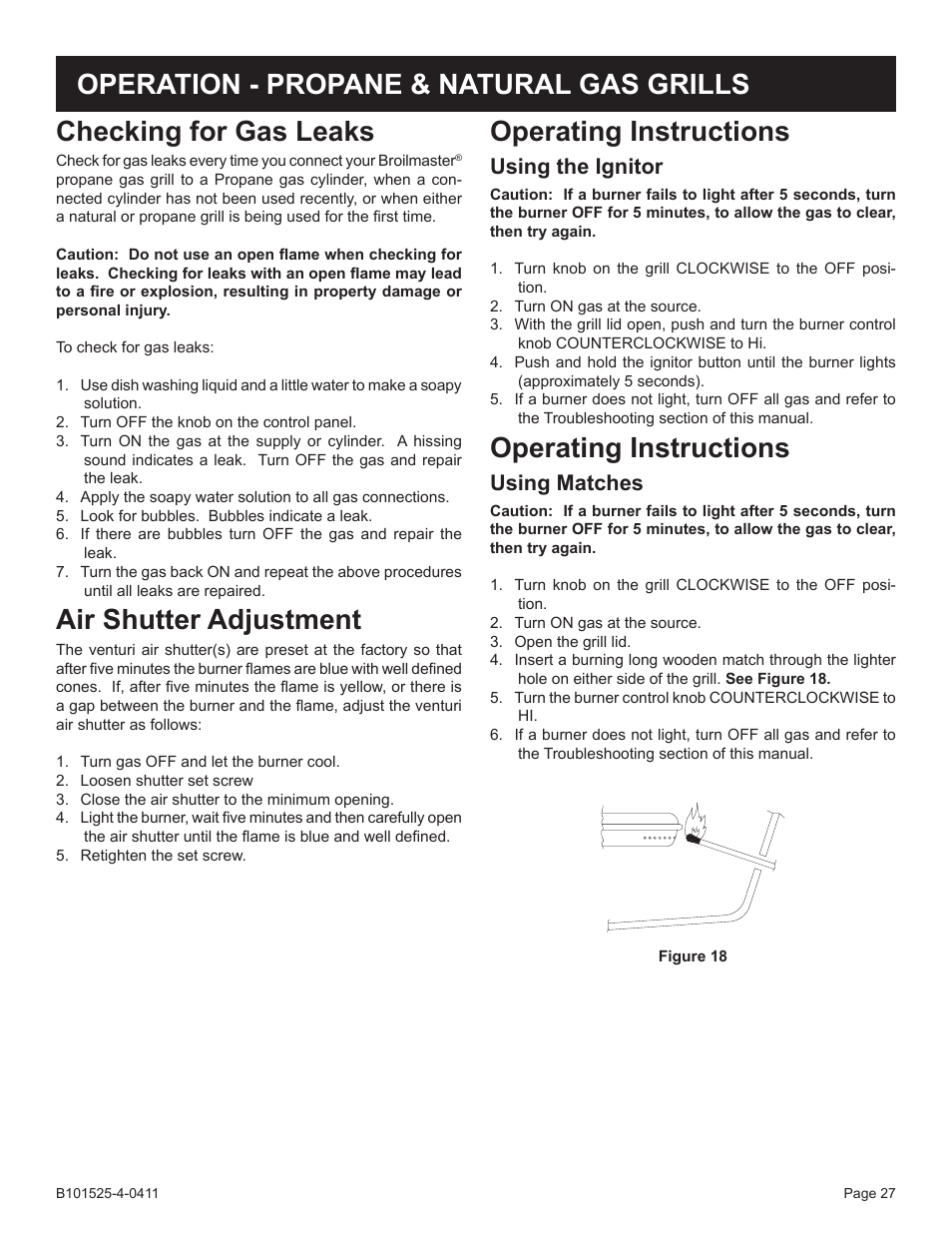 Checking for gas leaks, Air shutter adjustment, Operating instructions | Using the ignitor, Using matches | Broilmaster P3XN-1 User Manual | Page 27 / 52