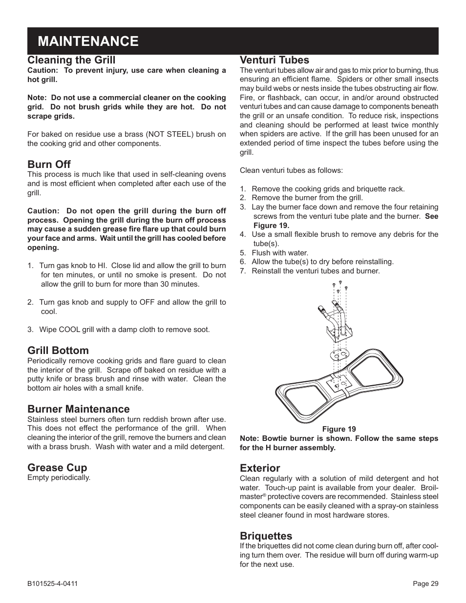 Maintenance, Cleaning the grill, Burn off | Grill bottom, Burner maintenance, Grease cup, Venturi tubes, Exterior, Briquettes | Broilmaster P3XN-1 User Manual | Page 29 / 52