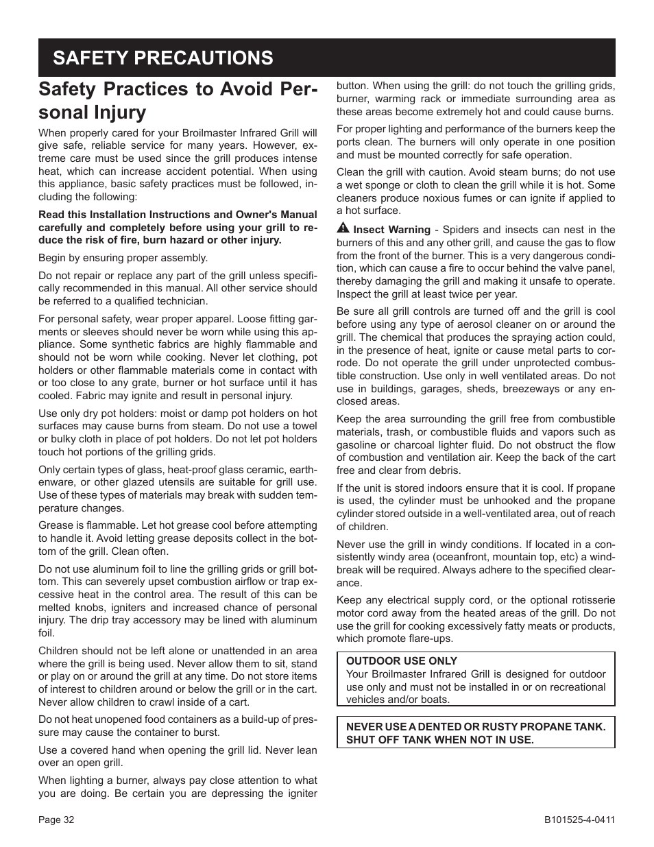 Safety practices to avoid per- sonal injury, Safety precautions | Broilmaster P3XN-1 User Manual | Page 32 / 52