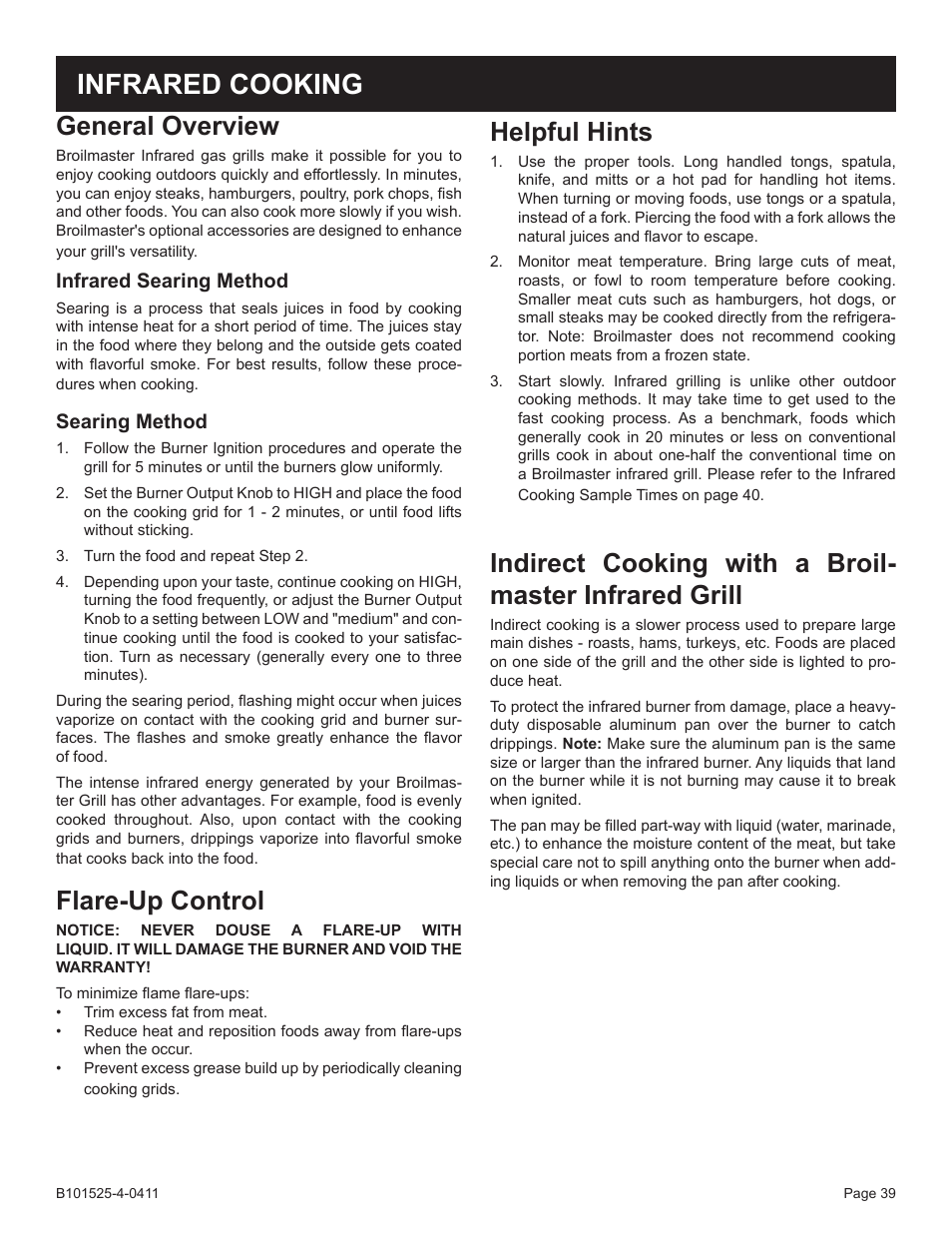 Infrared cooking, General overview, Flare-up control | Helpful hints, Infrared searing method, Searing method | Broilmaster P3XN-1 User Manual | Page 39 / 52