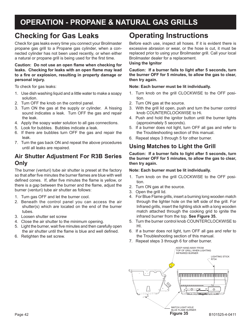 Operating instructions, Checking for gas leaks, Operation - propane & natural gas grills | Using matches to light the grill, Air shutter adjustment for r3b series only | Broilmaster P3XN-1 User Manual | Page 42 / 52