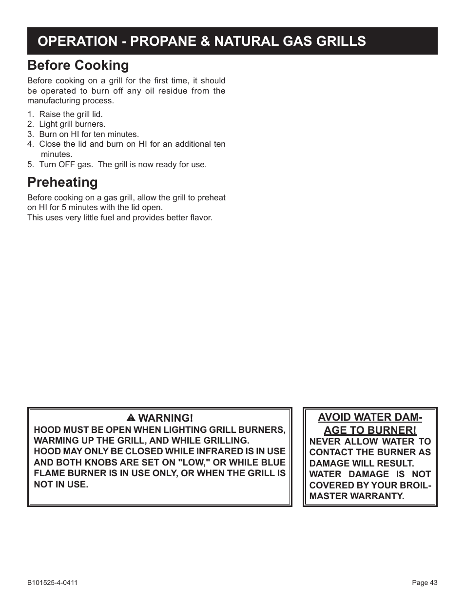 Before cooking, Preheating, Operation - propane & natural gas grills | Broilmaster P3XN-1 User Manual | Page 43 / 52