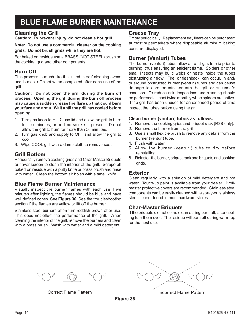 Cleaning the grill, Burn off, Grill bottom | Blue flame burner maintenance, Grease tray, Burner (venturi) tubes, Exterior, Char-master briquets | Broilmaster P3XN-1 User Manual | Page 44 / 52