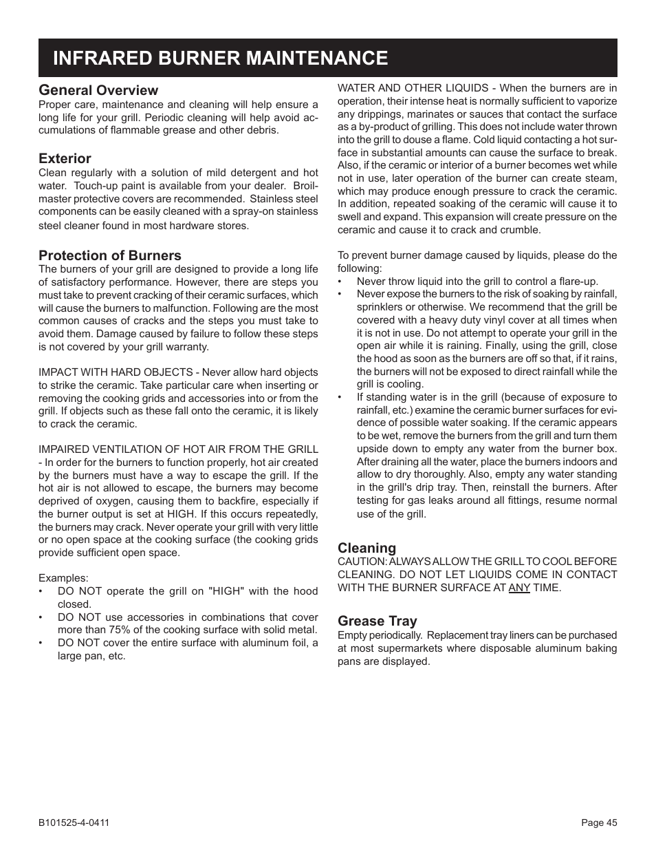 Infrared burner maintenance, Eral overview, Exterior | Protection of burners, Cleaning, Grease tray | Broilmaster P3XN-1 User Manual | Page 45 / 52