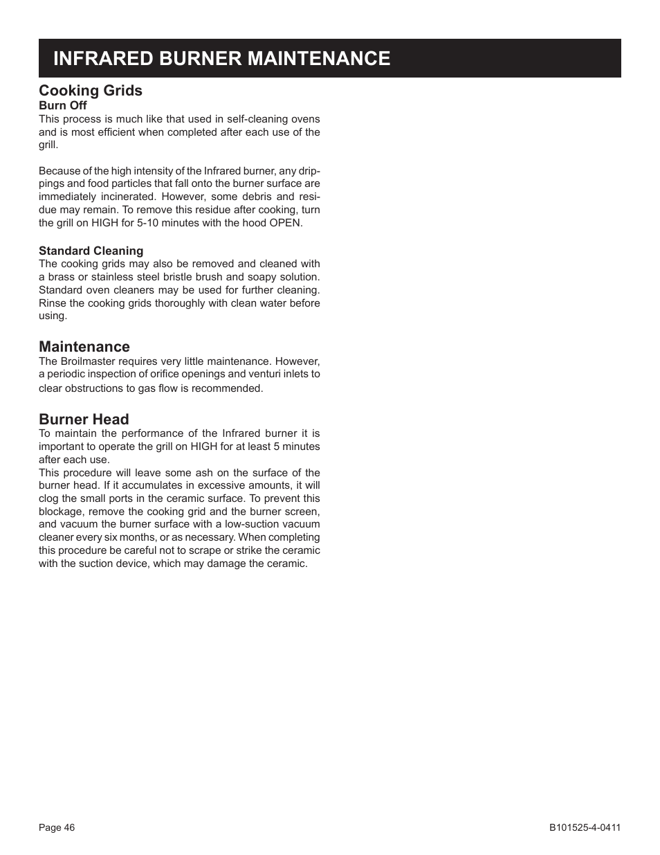 Infrared burner maintenance, Cooking grids, Maintenance | Burner head | Broilmaster P3XN-1 User Manual | Page 46 / 52