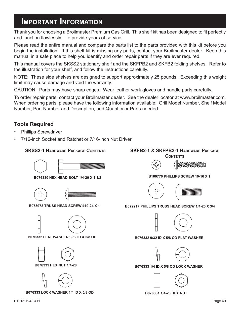 Mportant, Nformation, Tools required | Broilmaster P3XN-1 User Manual | Page 49 / 52