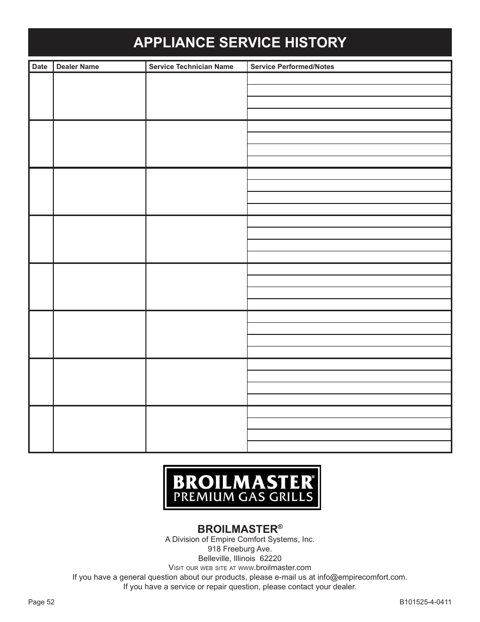 Appliance service history, Broilmaster | Broilmaster P3XN-1 User Manual | Page 52 / 52