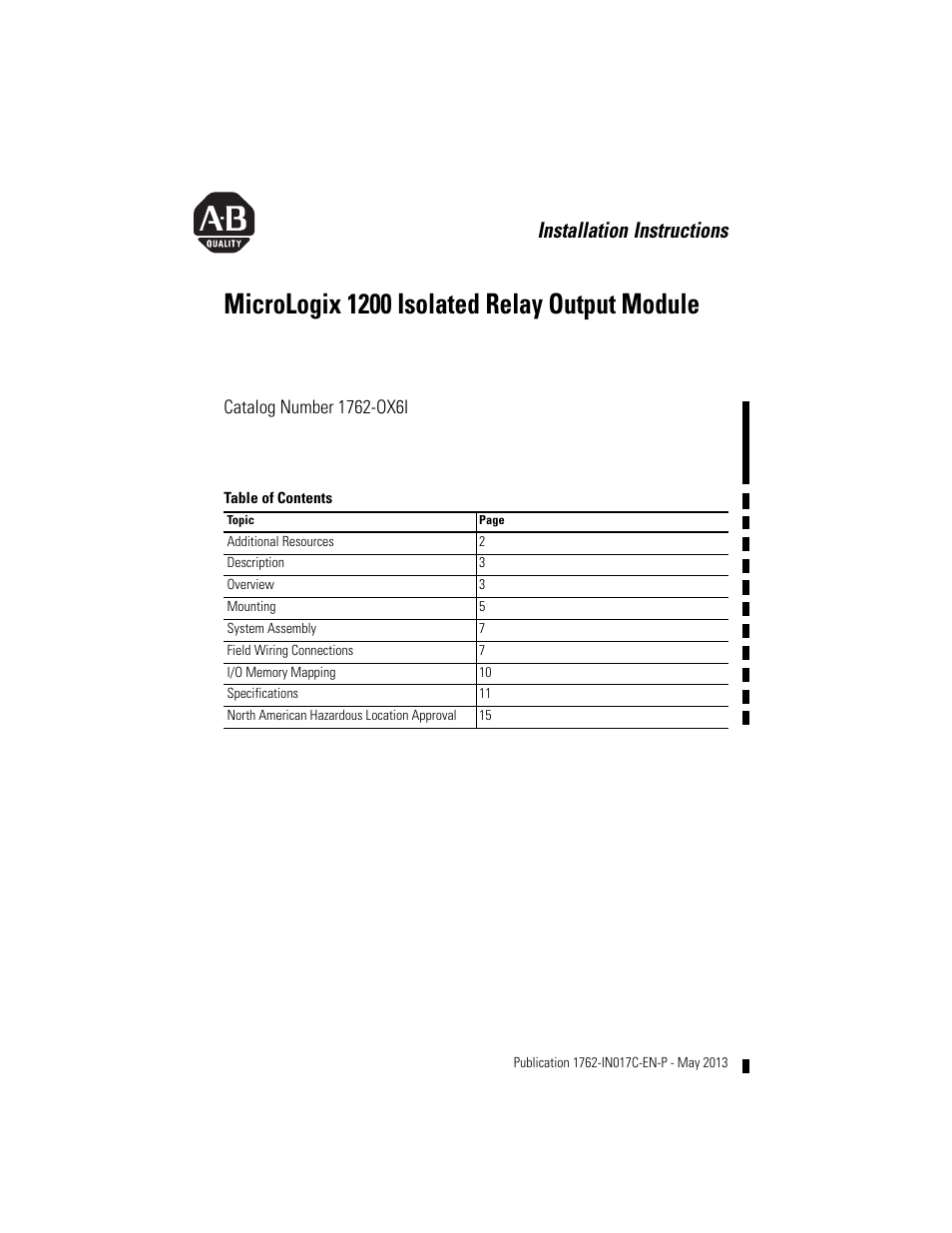 Rockwell Automation 1762-OX6I MicroLogix 1200 Relay Output Module User Manual | 16 pages