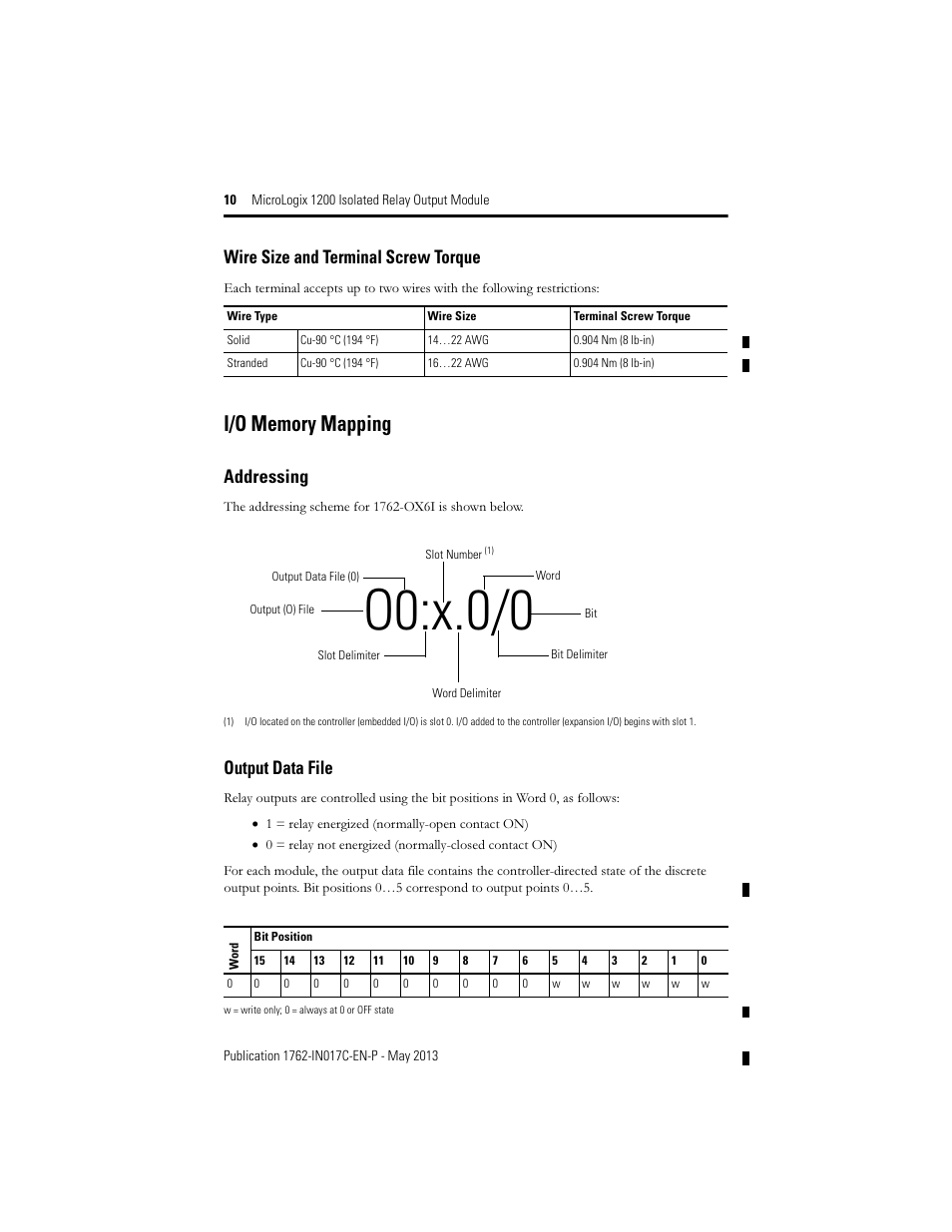 I/o memory mapping, O0:x.0/0, Wire size and terminal screw torque | Addressing, Output data file | Rockwell Automation 1762-OX6I MicroLogix 1200 Relay Output Module User Manual | Page 10 / 16