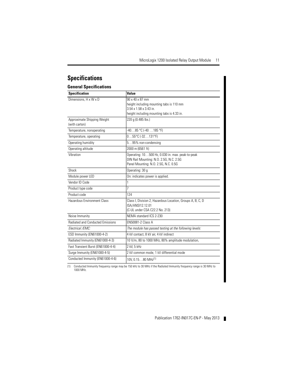 Specifications | Rockwell Automation 1762-OX6I MicroLogix 1200 Relay Output Module User Manual | Page 11 / 16