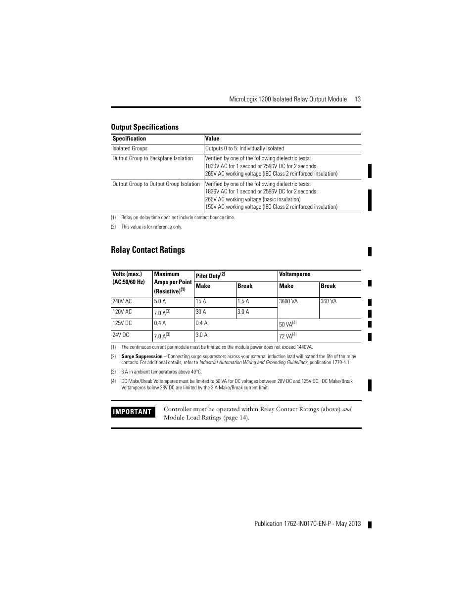 Relay contact ratings | Rockwell Automation 1762-OX6I MicroLogix 1200 Relay Output Module User Manual | Page 13 / 16