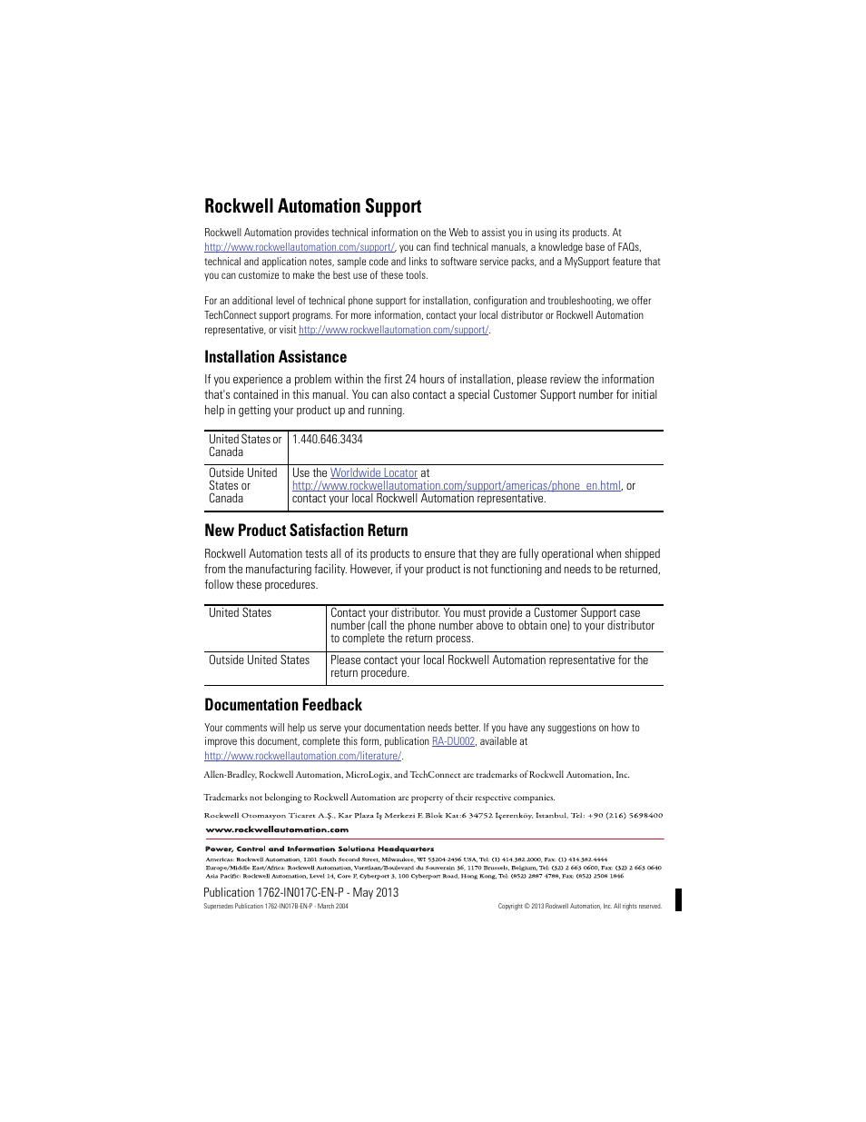 Back cover, Rockwell automation support, Installation assistance | New product satisfaction return, Documentation feedback | Rockwell Automation 1762-OX6I MicroLogix 1200 Relay Output Module User Manual | Page 16 / 16