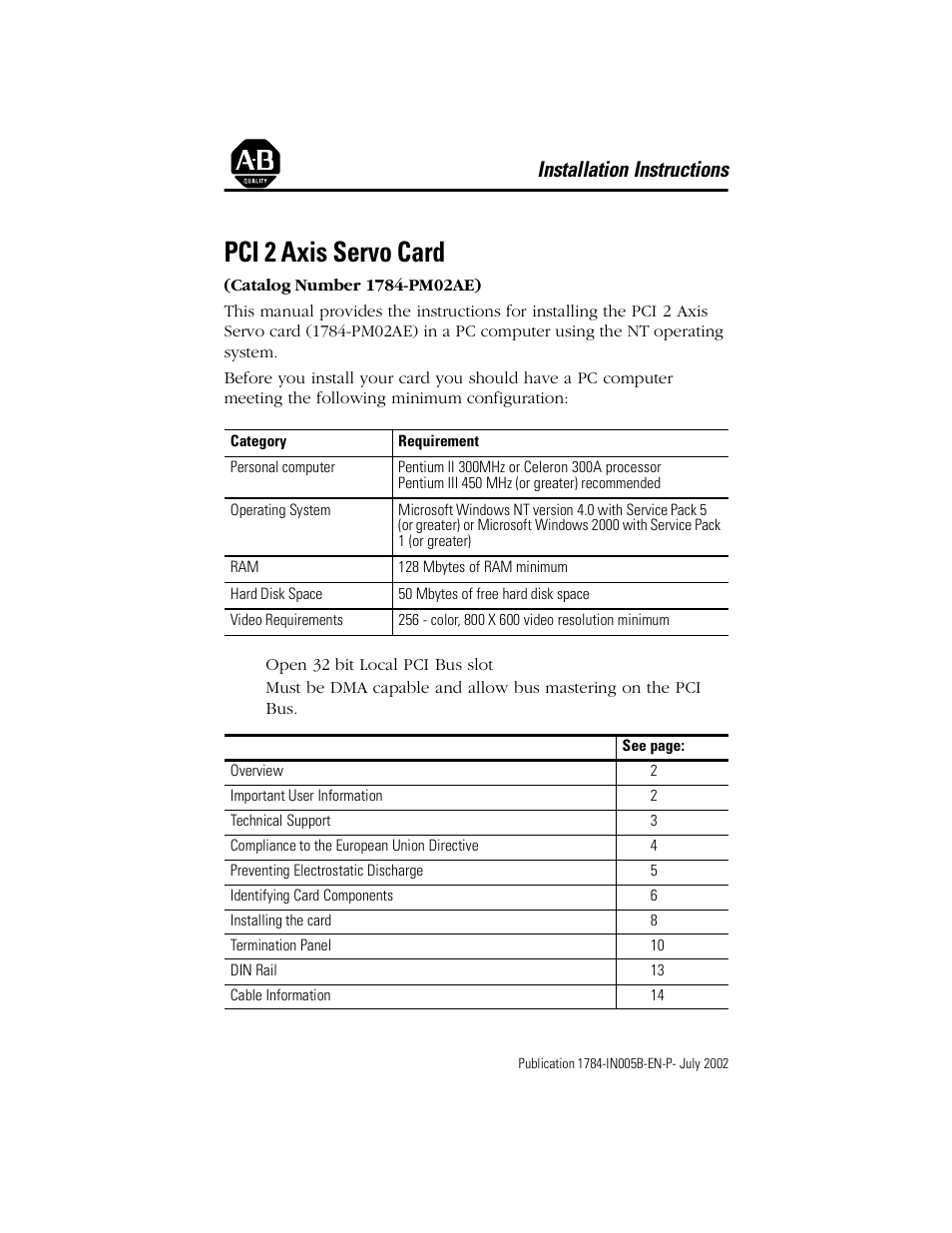 Rockwell Automation 1784-PM02AE PCI 2 Axis Servo Card User Manual | 20 pages