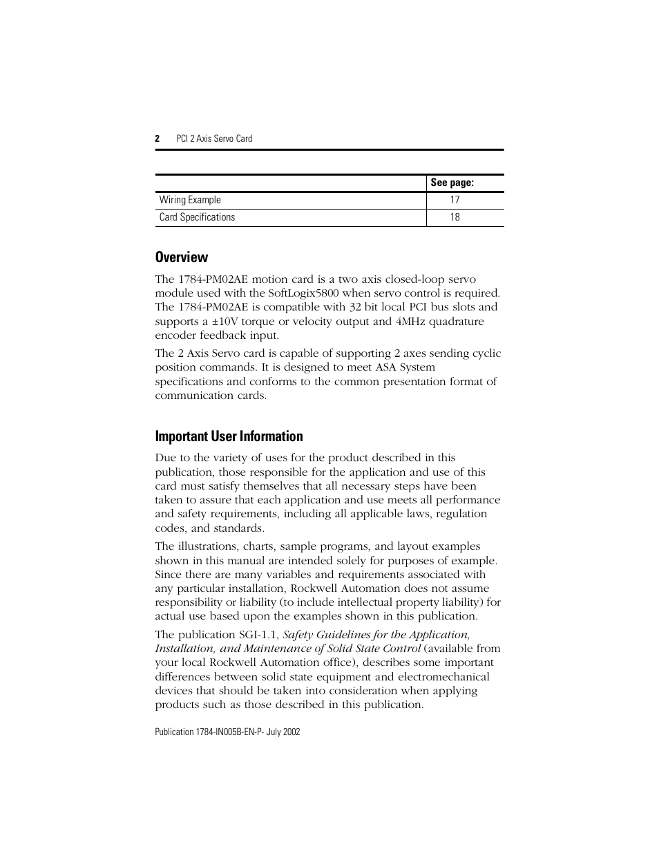 Overview, Important user information | Rockwell Automation 1784-PM02AE PCI 2 Axis Servo Card User Manual | Page 2 / 20